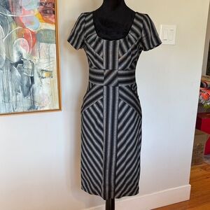 L.A.M.B. Black and Silver Striped Wool Midi Dress w pockets